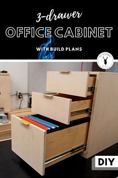 an office cabinet with built - in drawers is featured for the diy guide on how to build it