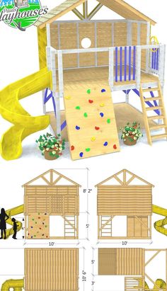 the plans for a children's wooden play house with slides and climbing wall are shown