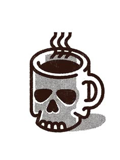 a coffee cup with steam coming out of it and a skull in the middle is shown