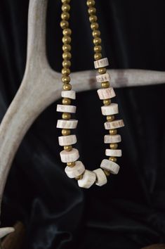 Antler and Brass necklace Rustic Large Beads Jewelry As Gift, Rustic Large Beads For Gifts, Rustic Beaded Necklaces For Gifts, Rustic Round Beads Necklace As Gift, Rustic Round Bead Necklace For Gifts, Deer Horn Jewelry, Colonial Crafts, Antler Beads, Deer Antler Crafts