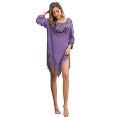 Purple Hollow Out Tassel Hem Beach Cover Casual Beach Cover-up With Tassels, Casual Vacation Cover-up With Tassels, Spring Beachwear Cover-up With Fringe, Summer Beach Dress With Back Tassel Tie-up For Vacation, Bohemian Cover-up For Summer Vacation, Bohemian Style Cover-up For Summer Vacation, Casual Fringe Beach Dress For Spring, Bohemian Style Cover-up For Vacation And Summer Outings, Bohemian Cover-up For Summer Outings And Beach Season