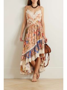 ZIMMERMANN August asymmetric lace-trimmed paisley-print silk midi dress Boho Chic Outfits Bohemian, Floral Dress Winter, Zimmerman Dress, Fancy Fits, Fairy Clothes, Handkerchief Dress, Cotton Slip, Boho Chic Outfits, Floral Lace Dress