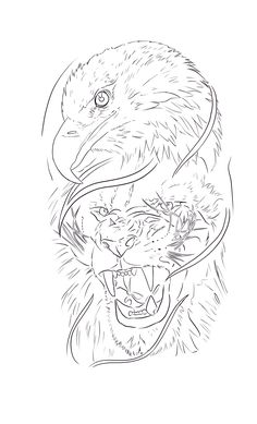 the head of an eagle and a tiger with its mouth open, drawn in black ink