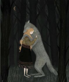 a painting of a girl hugging a wolf in the woods