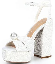 Gianni Bini Kemara Two Open Toe Embellished Pearl Studded Platform Sandals | Dillard's Elegant White Beaded Sandals, Embellished Synthetic Sandals For Wedding, Elegant Beaded Round Toe Sandals, Glamorous White Embellished Sandals, Glamorous Pearl-embellished Sandals For Spring, Elegant Beaded Synthetic Sandals, Luxury Embellished Synthetic Sandals, Luxury Embellished Synthetic Heels, Pearl Fabric