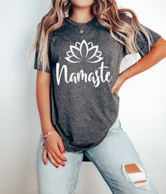 Namaste Shirts-Workout Shirt- Funny Yoga Shirt-Meditation Shirt- Yoga Shirt Gifts- Yoga Gift-Gift for Her- Outdoor Shirts How can I order? 1️) Please review all the information provided before placing an order 2️) Select the shirt type and size. 3️) Select the color of the shirt using the following options. 4️) Need more Items? Add the current item in the cart. And If you like to add more items to your order please press the back button and repeat steps 1-4 again. 5️) Once all your desired items Workout Tops With Screen Print In Relaxed Fit, Relaxed Fit Workout Tops With Screen Print, Pre-shrunk Relaxed Fit Shirt For Workout, Relaxed Fit Screen Print Workout Tops, Gray Relaxed Fit Workout Tops, Gray Relaxed Fit Shirt With Screen Print, Gray Yoga Tops For Summer, Gray Stretch Tops With Graphic Print, Gray Yoga Top For Summer