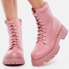 These Combat Boots Have A Vegan Leather Construction, Padded Collars, Adjustable Laces, And Side Zip Closures. Pink Dress Boots, Light Pink Boots Outfit, Pink Hiking Boots, Trendy Pink Lace-up Boots, Pink Lace-up Platform Boots For Spring, Light Pink Boots, Pink Boots Outfit, Pink Winter Lace-up Boots, Pink Waterproof Lace-up Boots