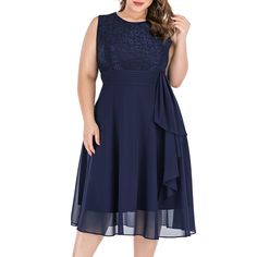 Navy Blue Lace Splicing Chiffon Sleeveless Plus Size Dress Sleeveless Chiffon Beach Dress, Blue Sleeveless Chiffon Dress, Blue Chiffon Sleeveless Dress, Blue Chiffon Sleeveless Dress For Party, Blue Chiffon Sleeveless Party Dress, Elegant Blue Sleeveless Chiffon Dress, Casual Prom Dress, Plus Size Easter Dress, Prom Dress Midi