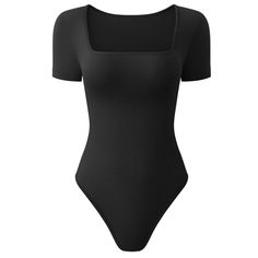 This black seamless ribbed squareneck short sleeve bodysuit is the perfect addition to any casual wardrobe. Made of 90% nylon and 10% spandex, this bodysuit provides a tight stretchy compression fit that flatters the body. The square neck line and short sleeves give it a basic, minimalist style that's perfect for any occasion. With its snap closure, this bodysuit is easy to put on and take off. The medium length makes it versatile for all seasons, while the cold wash care instructions make it easy to care for. This fitted bodysuit comes in regular size type with no sheer material making sure you feel comfortable all day long. Its square neck line adds a touch of elegance that's perfect for dressing up or down depending on your preference. H&m Bodysuit, Cute Body Suits, Body Suits Outfits, Tiktok Bodysuit, Body Suit Long Sleeve, T Shirt Bodysuit, Black Bodysuit Outfit, Body Suit Outfit, Fitted Bodysuit