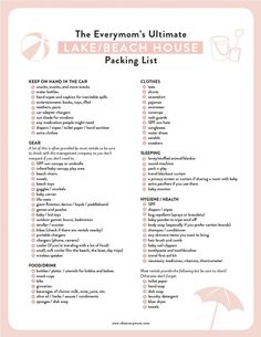 the everyman's ultimate lake / beach house packing list is shown in pink