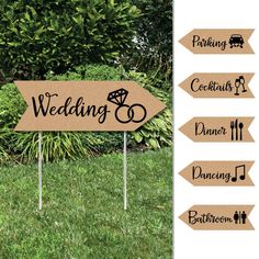 a sign that is in the grass next to some trees and bushes with wedding signs on it