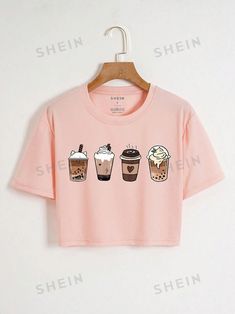 Free Returns ✓ Free Shipping✓. SHEIN EZwear Coffee Print Crop Tee- Women T-Shirts at SHEIN. Crop T Shirts For Women, Funny Graphic Tees For Women, Cute Pink Shirts, Modest Casual Outfits, Oversized Crop Top, Pink Shirts, Casual Preppy Outfits, Coffee Print