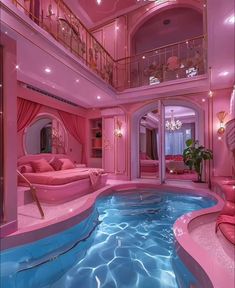 a pink living room with a pool in the middle