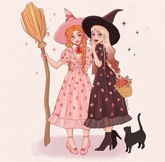 two girls dressed up as witches and one is holding a broom while the other holds a black cat