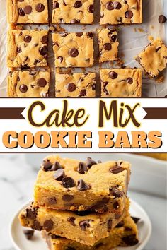 chocolate chip cookie bars stacked on top of each other with text overlay that reads cake mix cookie bars