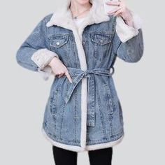 Introducing the 2023 Autumn-Winter Collection's mini denim coat with fur. 90s style ââ‚?a timeless classic that brings together the best of '90s fashion with a modern twist!Distinctive Features: Light Wash: The light wash fabric lends an effortless chic to this vintage-inspired coat. Regular Fit: Its regular fit promises comfort and ease without compromising on style. Buttoned Closure: A stylish button closure adds an elegant finishing touch to your look. Fur Trim: The luxurious fur trim is the Denim Outerwear With Faux Fur Trim, Fur Coat With Pockets For Cold Weather In Spring, Spring Fur Coat For Cold Weather With Pockets, Cold Weather Spring Fur Coat With Pockets, Trendy Denim Outerwear With Faux Fur Trim, Trendy Spring Denim Jacket With Faux Fur Lining, Winter Denim Jacket With Faux Fur Lining, Winter Denim Blue Outerwear, Casual Denim Jacket With Faux Fur Trim For Winter