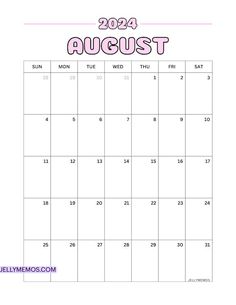 a calendar with the word august in pink and purple on it, which is written in english