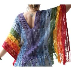 Rainbow Crochet Poncho, Bohemian Chakra Color, Women Boho Tasselled Wear, Crochet Pride Cover Up Blouse, Knit Beach Wear Colorful Bohemian Poncho, Bohemian Hand Knitted Poncho For Festivals, Bohemian Hand Knitted Crochet Top For Vacation, Bohemian Crochet Multicolor Poncho, Bohemian Crochet Top With Fringe, Bohemian Multicolor Crochet Poncho, Multicolor Crochet Bohemian Poncho, Bohemian Colorful Poncho For Festival, Bohemian Style Colorful Festival Poncho