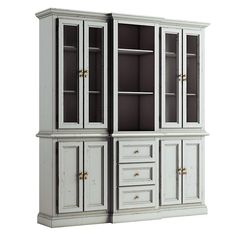 a white cabinet with drawers and doors on the bottom shelf is shown in front of a white background