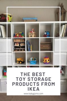 a white bookcase filled with lots of toys