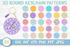 30 round keychain patterns with different colors and designs on them, including the word love