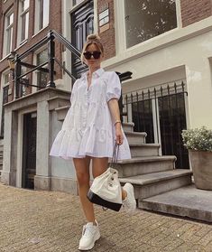 The Puff Dress, Puff Sleeve Tiered Dress, Puff Sleeve Shirt Dress, Tiered Shirt Dress, White Shirt Over Dress, Tiered Dress With Sleeves, Puff Dress Outfit Ideas, Tier Dress Outfit, White Shirt Dress Outfit Classy