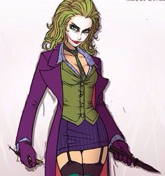 a drawing of a woman dressed as the joker in purple and green clothes with a knife