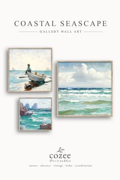 the cover of coastal seascape gallery wall art, featuring three pictures of people in a boat