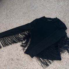 Super Stretchy Top With Such Cute Fringe!! Trendy Fringe Tops For Night Out, Trendy Black Top With Fringe, Fitted Fringe Tops For Night Out, Black Fringe Top For Night Out, Trendy Black Fringe Top, Fitted Long Sleeve Top With Fringe, Cute Fringe, Fringe Top, Stretchy Tops