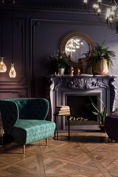 a living room filled with furniture and a fire place next to a wall mounted clock