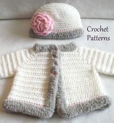 two crocheted sweaters and a hat on a white surface with the words crochet patterns written below it