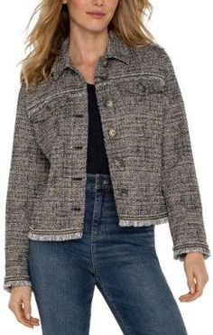 Trucker Jacket w/Fray Seaming-Boucle Children Bottoms, Ocean Hues, Boucle Knit, Jumpsuit And Blazer, Short Loungewear, Short Sleeve Cardigan, Curvy Dress, Fringe Trim, Trucker Jacket