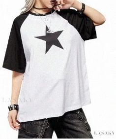 Lasaky - Digital Printed Round Neck Relaxed Fit Shirt with Batwing Sleeves - Customizable Design Costume Noir, Black And White Stars, Grunge Punk, Star Shirt, Black & White, Batwing Sleeve, Star Print, Grunge Outfits, Women's Fashion Dresses