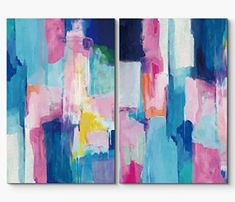 two abstract paintings with blue, pink and yellow colors on the same piece of art