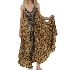 La Fiorentina Tie Back Paneled Halter Neck "Camilla" Dress - Available In - M - L - Xl -Fabrication: 10/90 Silk And Polyester Yellow V-neck Boho Dress For Spring, Yellow Floral Print Boho Summer Dress, Yellow Boho Dress With Floral Print For Vacation, Yellow Boho Dress For Summer Vacation, Printed Yellow Maxi Dress, Yellow Bohemian Printed Midi Dress, Yellow Floral Boho Dress For Summer, Yellow Bohemian Boho Dress With Floral Print, Bohemian Yellow Printed Sundress