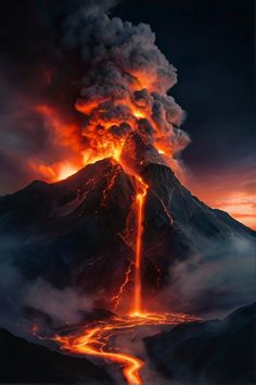 an image of a volcano with lava pouring out of it's sides and fire coming from the top