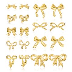 PRICES MAY VARY. Bow Earrings Set: The set includes 9pairs different styles of bow earrings, dainty and chic, our gold bow stud earrings feature delicate knots with a minimalist silhouette. Wear yours to bring a touch of understated glamour to your favorite ensemble. Multiple: Size Get the perfect mix of sizes with our gold bow earrings set. Our gold/silver earrings feature a classic and chic design, giving you the option to choose the different size to match your mood and outfit. This allows yo Madewell Bow Earrings, Gold Stud Earrings Set, Cute Earrings Aesthetic Gold, Gold Bow Earrings, Cute Earrings Studs, Simple Jewelry Earrings, Cute Gold Earrings, Good Earrings, Preppy Earrings