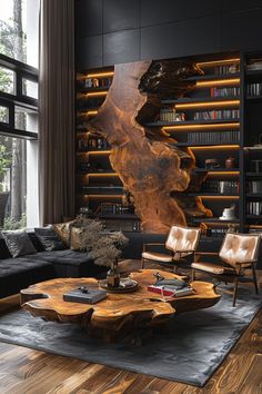 a living room filled with furniture and bookshelves next to a large glass window