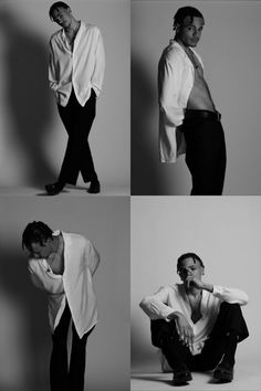 four different shots of a man in white shirt and black pants with his hands on his hips