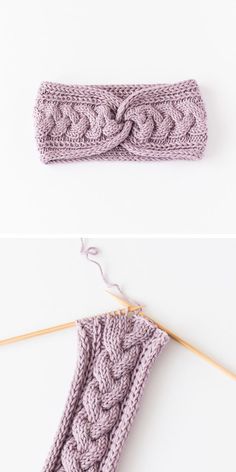 crocheted headbands are hanging on a clothes line and the knitting needles are next to them