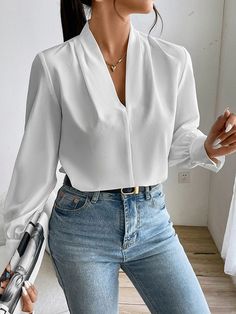 Sku CY-!172234 Material Polyester Style Loose , Long Sleeves Feature Pleated , Split-joint , Solid Color Neckline V-neck Occasion Casual , Office , Urban Seasons Spring , Autumn Type Blousesshirts Tops Color BLUE,BLACK,GREEN,WHITE,YELLOW,OFF-WHITE Size S,M,L,XL,2XL Please consult the size chart we provide for this item's measurements to help you decide which size to buy.Please note: There may be 1-3cm differ due to manual measurement. CMINCH Bust Shoulder Sleeve Length Sleeve Opening S 98 39.5 5 White Blouses For Women Classy, Fancy Shirts For Women, White Dressy Tops, Fancy Shirt, White Blouses, Lantern Sleeved Blouses, Simple Blouse, Pleated Blouse, Loose Shirts