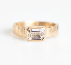 Esme Emerald Cut Lab Diamond East West Engagement Ring - MTD Bezel Engagement Ring, Hammered Band, East West, Emerald Cut, Lab Diamonds, Bezel Setting, Lab, Colored Diamonds, Emerald