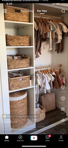 the closet is full of clothes and baskets