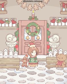 an animal is standing in front of a christmas wreath and teddy bear sitting on a bench