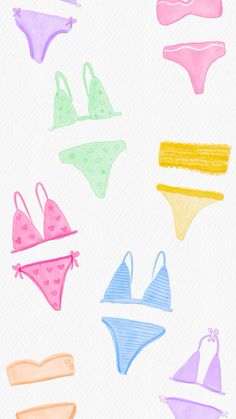 six different colored swimsuits are shown in this drawing, one is pink and the other is blue