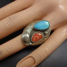 "DESCRIPTION: This powerful ring will be a treasured addition to your collection of fine vintage Native American jewelry. MEASUREMENTS: Ring face measures 1 1/8\" x 1/2\" RING SIZE: 10 1/2 WEIGHT: 10.0 grams SIGNED: no STERLING: unmarked, verified sterling silver" Southwestern Style Collectible Jewelry Ring, Southwestern Collectible Ring Jewelry, Southwestern Style Collectible Ring, Western Style Turquoise Ring Collectible, Southwestern Gemstone Rings For Collectors, Vintage Turquoise Open Ring Jewelry, Vintage Multi-stone Collectible Rings, Vintage Turquoise Open Ring Adjustable, Vintage Stamped 925 Turquoise Collectible Ring