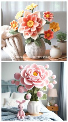 two pictures of flowers in vases on a bed and an image of a stuffed animal