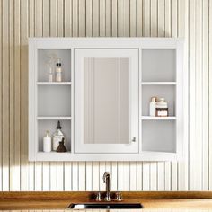 a white medicine cabinet above a sink in a room with striped wall paper on the walls