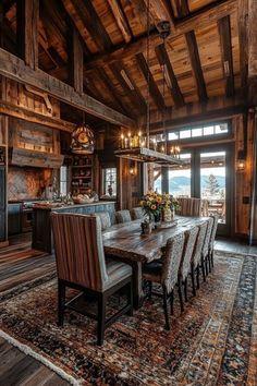 a large dining room table surrounded by chairs and an area rug in front of it