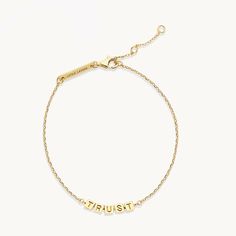 Trust yourself. Trust the process. This just-for-you bracelet is an elevated twist on one of our best-selling Little Words®. Handcrafted in 14k Gold Vermeil Unlike standard gold plating, our vermeil features a precious sterling silver base, coated in a thick layer of 14k gold. It gives a solid gold feel without the solid gold price point. Sterling Silver Bracelets For Promise, Sterling Silver Yellow Gold Bracelets For Promise, Yellow Gold Sterling Silver Bracelets For Promise, Gold Sterling Silver Promise Bracelet, Signature Gold Bracelet Jewelry, Gold Signature Style Bracelet, Yellow Gold Sterling Silver Jubilee Name Bracelet, Yellow Gold Jubilee Bracelet In Sterling Silver, Everyday Signature Gold Jewelry